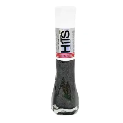 Esmalte premium da marca HITS em frasco transparente de vidro. O frasco tem formato cilíndrico alongado e contém um esmalte de cor preta com brilhos esverdeados.
