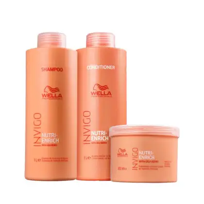 Shampoo e condicionador Nutri-Enrich com Goji Berry da linha Wella Professionals. Dois frascos de 1 litro cada, na cor laranja claro. Rótulos com o nome do produto "Shampoo" e "Condicionador" em letras brancas. Ao lado uma uma máscara capilar de 500ml.