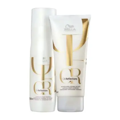A imagem mostra dois produtos de cuidados capilares da marca Wella Professionals. Um é um shampoo em um frasco branco com detalhes dourados. O outro é um condicionador em uma embalagem tubo branca com detalhes dourados.