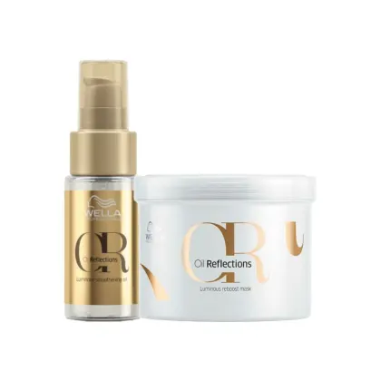 A imagem mostra um frasco spray dourado com o rótulo "Luminous Smoothening Oil" e um pote branco com a inscrição "Luminous Reboost Mask". As embalagens têm detalhes em dourado com o logotipo da Wella visível.