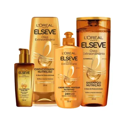 Produtos da linha Elseve da L'Oréal Paris, incluindo shampoo, condicionador, creme para pentear e tratamento capilar em embalagens de plástico e vidro com predominância de cores douradas e laranja.