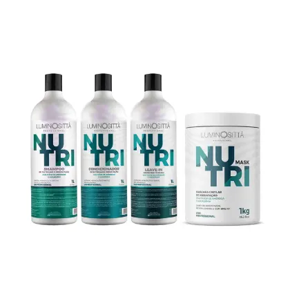 Conjunto de produtos da linha Nutri. São eles: shampoo, condicionador, leave-in e máscara capilar. As embalagens são brancas, com detalhes em azul.
