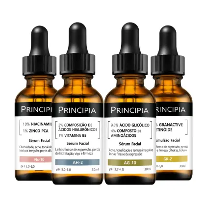 Quatro frascos de soro facial da marca Principia, contendo diferentes formulações para tratamento de acne, textura irregular da pele e linhas de expressão. Os frascos possuem rótulos com informações sobre os ingredientes e pH de cada produto.