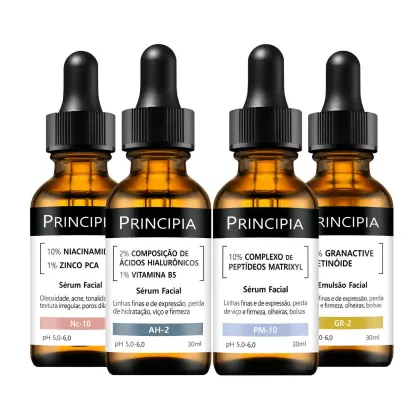 Quatro frascos de soro facial da marca Principia, contendo diferentes formulações para tratamento da pele, como niacinamida, ácido hialurônico, peptídeos e granactive retinóide, com rótulos indicando os nomes e composições de cada produto.