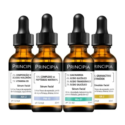Quatro frascos de sérum facial da marca Principia, contendo diferentes formulações para tratamento da pele, como ácidos hialurônicos, peptídeos, niacinamida e retinóides.