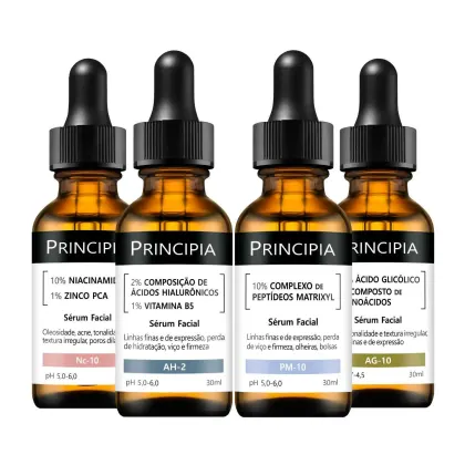 Quatro frascos de soro facial da marca Principia, contendo diferentes formulações para tratamento de pele, como ácido glicólico, complexo de peptídeos e ácidos hialurônicos. 