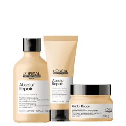 Kit L'Oréal Professionnel Serie Expert Absolut Repair Gold Quinoa + Protein Trio Basic, 3 produtos.