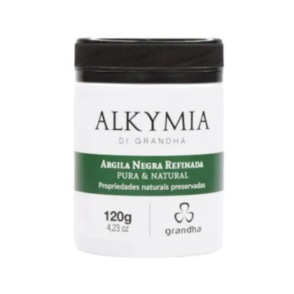 Frasco de argila negra refinada. O produto possui 120g e é apresentado em embalagem cilíndrica preta.