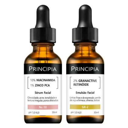 Dois frascos de emulsão facial da marca Principia, contendo 10% de niacinamida e 1% de zinco PCA, e 2% de retinóide granativo, respectivamente. Embalagens de vidro âmbar com conta-gotas pretos e rótulos pretos com informações sobre os produtos.