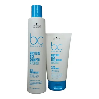 Dois produtos da linha Bonacure da Schwarzkopf Professional: um frasco de shampoo Moisture Kick com glicerol e um tubo de creme Moisture Kick Curl Bounce, ambos com embalagens brancas e azuis.