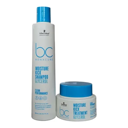 A imagem mostra produtos da Schwarzkopf Professional é composto por um frasco de shampoo Moisture Kick e um pote de tratamento Moisture Kick, ambos com embalagens brancas e azuis. O shampoo possui 250 ml e o tratamento 200 ml,