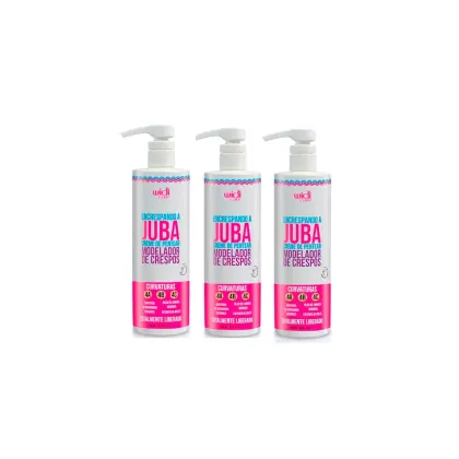 Três frascos de creme modelador de crespos da marca Widi Care, com rótulos em tons de rosa e azul, indicando diferentes níveis de curvatura (4A, 4B, 4C). Os frascos possuem bombas doseadoras brancas.