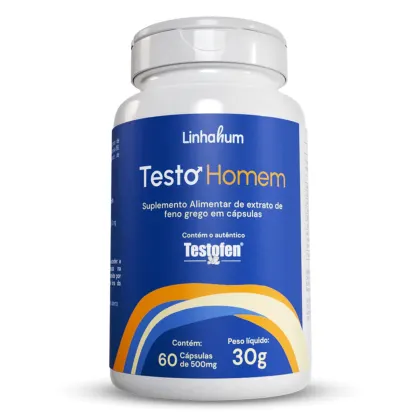 Suplemento alimentar chamado Testo Homem, fabricado pela empresa Linhahum. O rótulo contém o nome do produto, "Testo Homem", e informações sobre o conteúdo, que são 60 cápsulas de 500mg. Também é mencionado que o produto contém o autêntico Testofen.