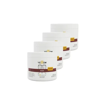 Quatro potes brancos com rótulos amarelos e marrons da marca Yellow Nutritive, contendo uma máscara de tratamento capilar com ingredientes de argan e coco, em embalagens de 500 ml.