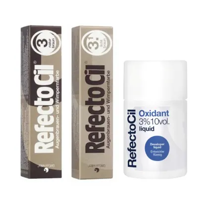 Duas caixas de coloração RefectoCil em tons de marrom e bege, acompanhadas de um frasco de Oxidante RefectoCil 3% 10vol. As caixas exibem o nome da marca e o número da tonalidade.