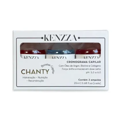 Caixa branca contendo 3 ampolas de tratamento capilar Kenzza Chanty, com rótulos em preto e dourado. As ampolas possuem cores diferentes - vermelho, azul e vermelho escuro - e contêm 20ml cada, com informações sobre os ingredientes e benefícios do produto