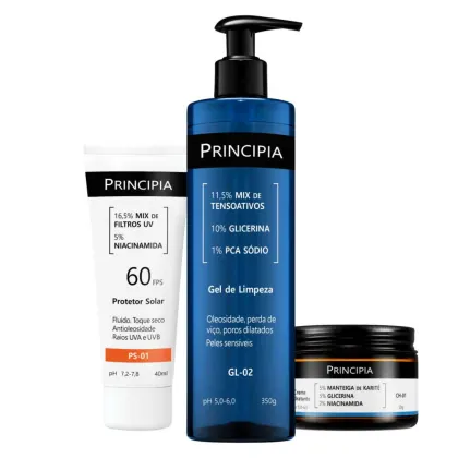 Produtos da marca Principia: protetor solar FPS 60, gel de limpeza e creme hidratante em embalagens de plástico e vidro com predominância de cores azul e preta.