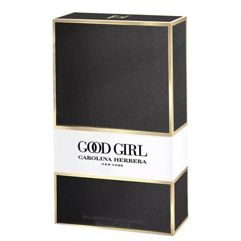 Caixa preta e dourada contendo o perfume "Good Girl" da marca Carolina Herrera, com o nome da marca e da fragrância impressos em letras brancas.