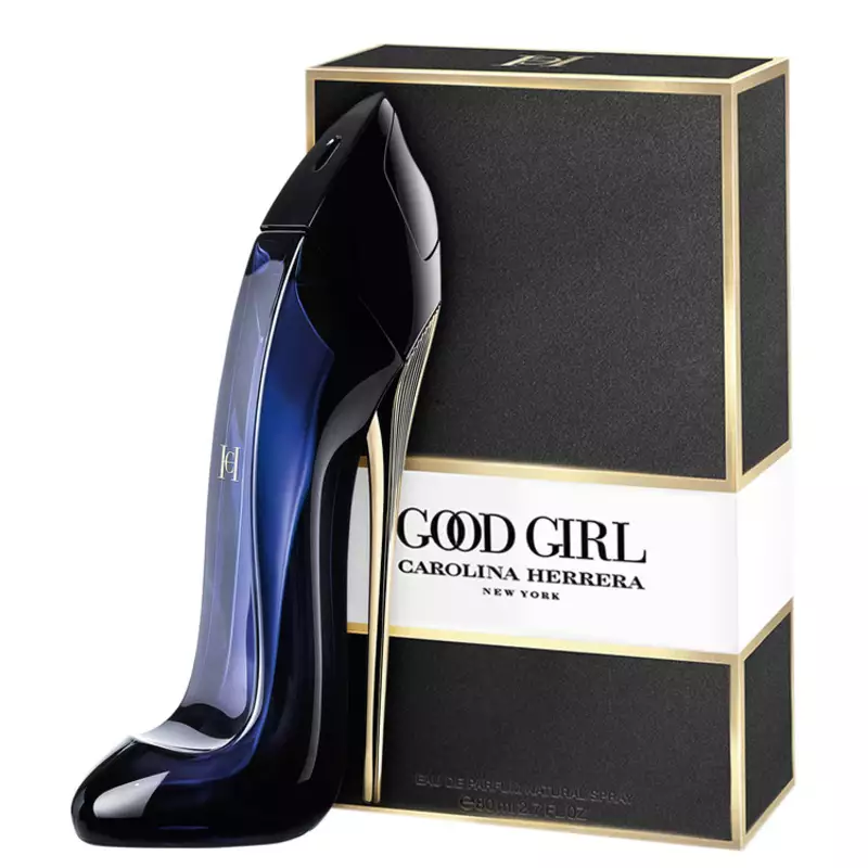 Frasco de perfume Carolina Herrera de design elegante e enigmático, com corpo preto brilhante e detalhes em dourado.