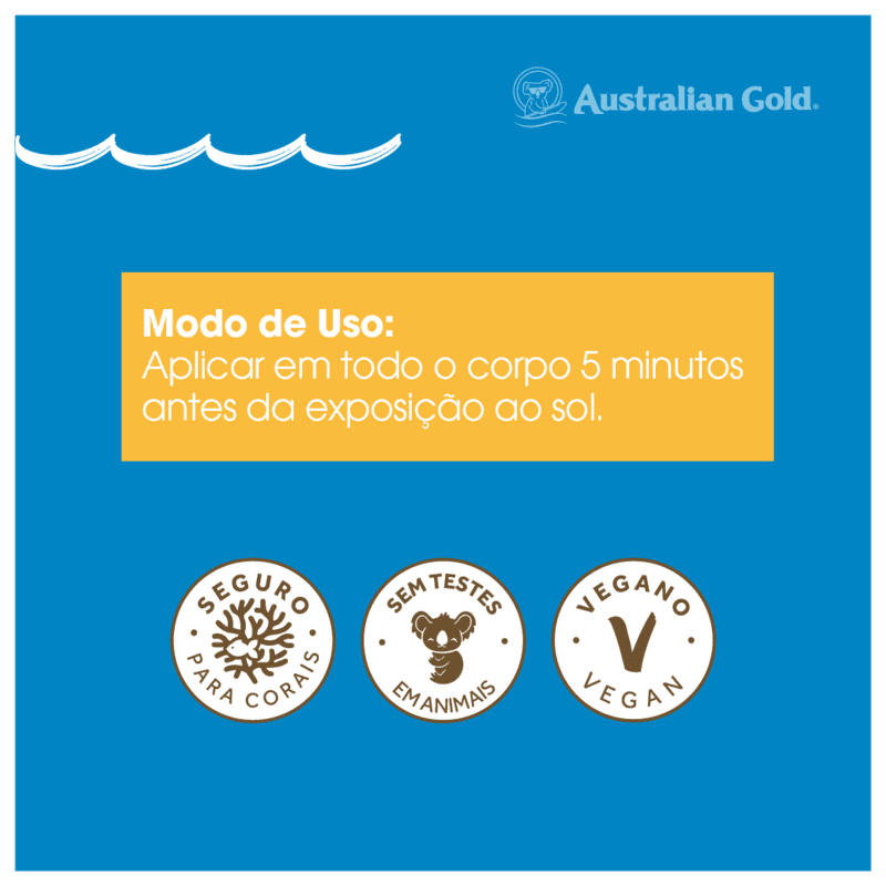 Instruções de uso em português: "Aplicar em todo o corpo 5 minutos antes da exposição ao sol". Três selos indicando que é seguro para o corpo, não testado em animais e vegano.