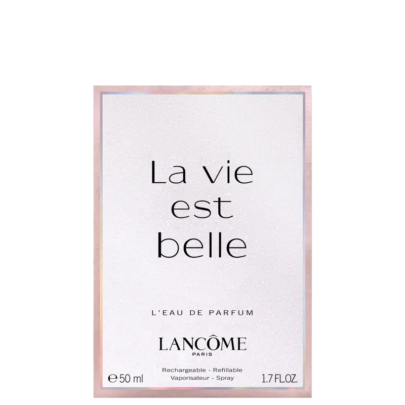 Frasco de perfume Lancôme La Vie Est Belle com tampa decorada, contendo líquido rosa brilhante. Embalagem de vidro transparente com detalhes prateados. Produto com aparência elegante e sofisticada.