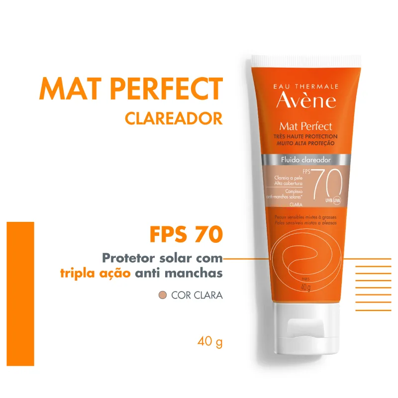 Avène Mat Perfect Clareador FPS 70 Tom Claro - Protetor Solar Facial Fluido 40g