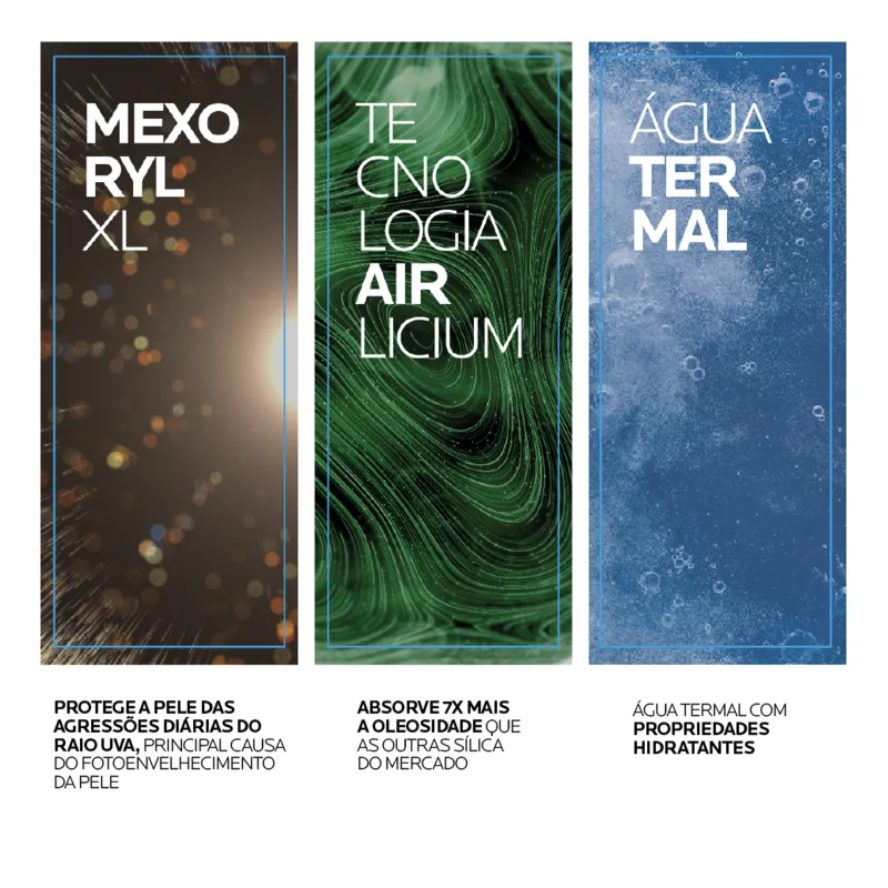 Principais ingredientes do protetor solar: Mexorylxl, Tecnologia Airlicium e Água Termal