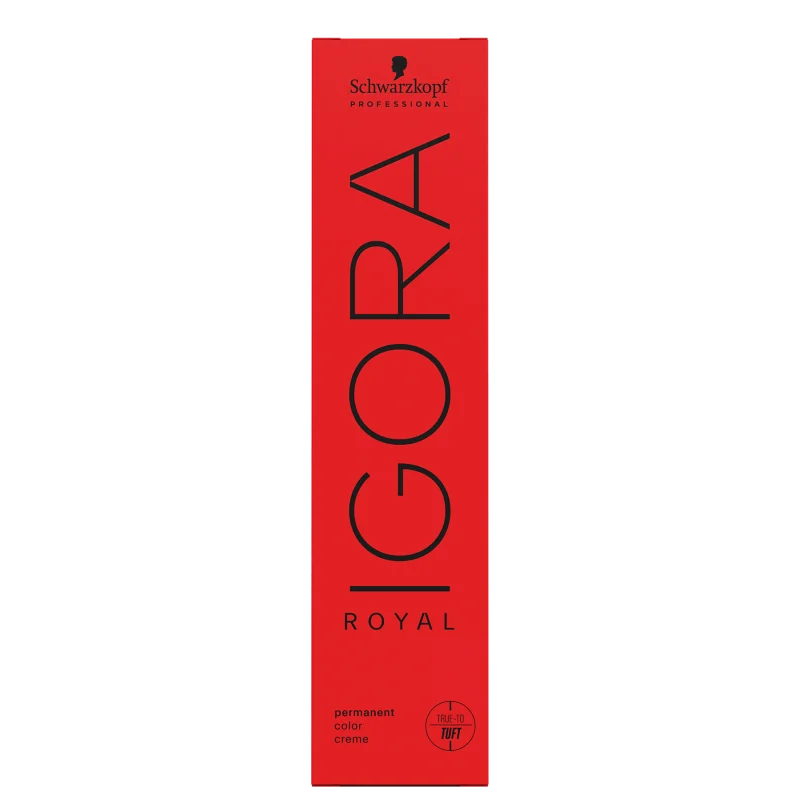Coloração de cabelo da marca Schwarzkopf Professional, na cor vermelho, com o nome "Igora Royal" impresso em preto. O produto é descrito como uma tintura de cabelo permanente.