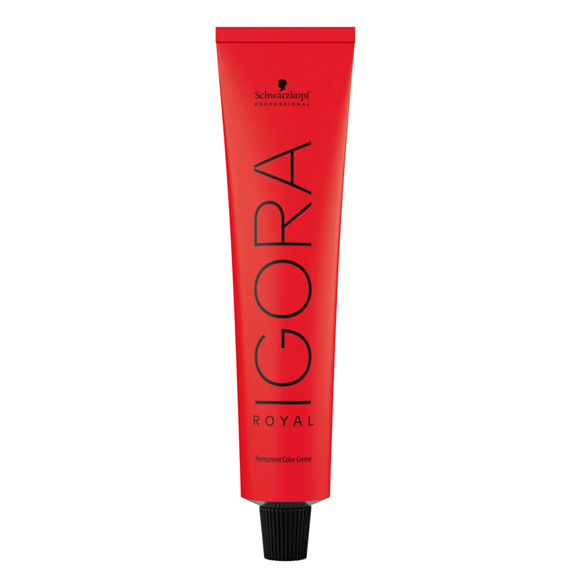 Coloração de cabelo da marca Schwarzkopf Professional, na cor vermelho, com o nome "Igora Royal" impresso em preto. O produto é descrito como uma tintura de cabelo permanente.