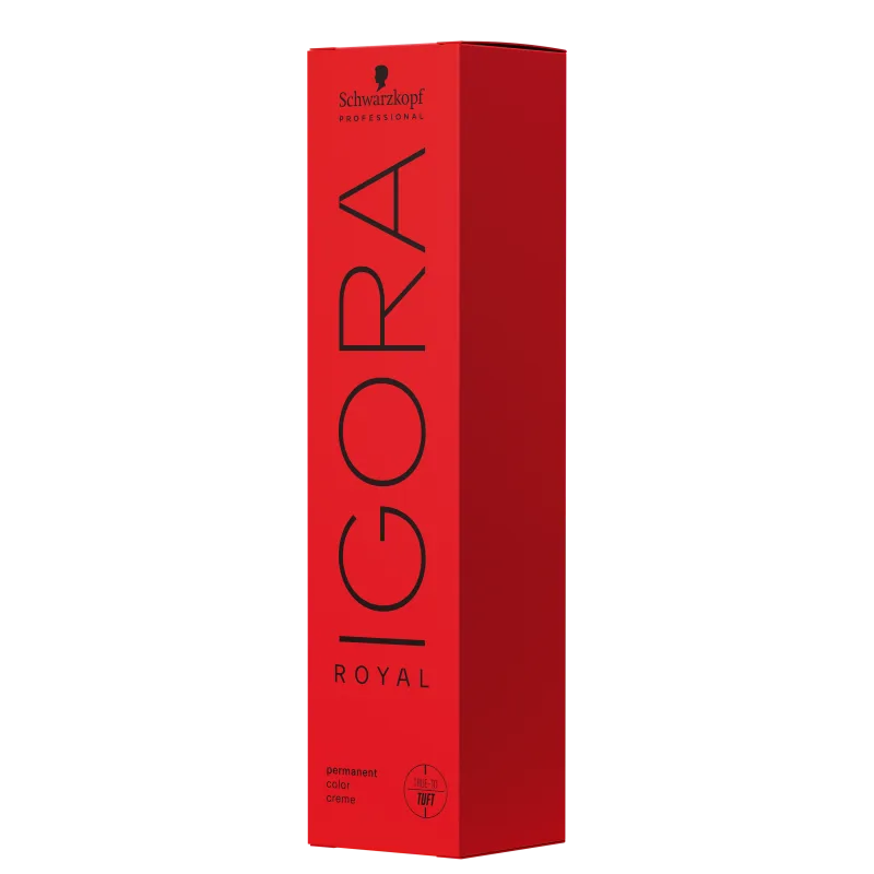 Coloração de cabelo da marca Schwarzkopf Professional, na cor vermelha, com o nome "Igora Royal" impresso em preto. O produto é descrito como uma tintura de cabelo permanente.
