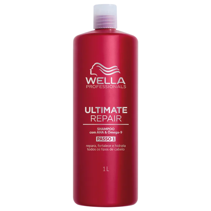 Shampoo Ultimate Repair da linha Wella Professionals. Embalagem vermelha com capacidade de 1 litro. Texto Ultimate Repair, informações sobre o produto e logotipo da marca Wella em branco.