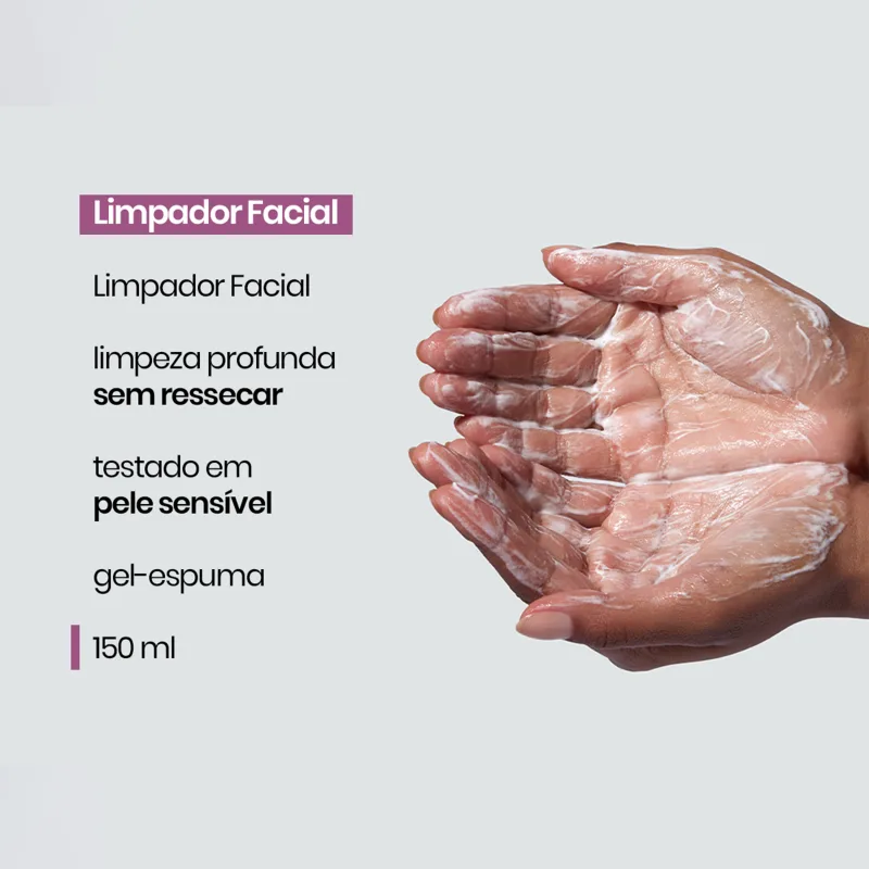 Texto visível na imagem:
Limpador Facial
Limpeza profunda sem ressecar
Testado em pele sensível
Gel-espuma
150 ml