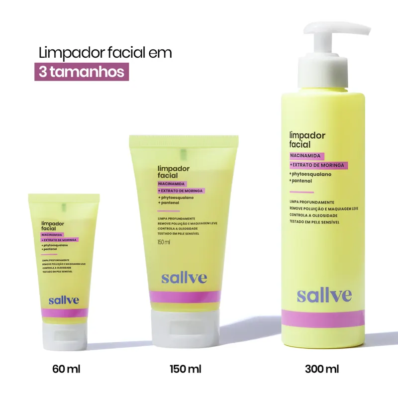 Três embalagens de limpador facial da marca Sallve em diferentes tamanhos: 60 ml, 150 ml e 300 ml. As embalagens têm cores predominantes de amarelo e roxo, com informações sobre os ingredientes e benefícios do produto. 