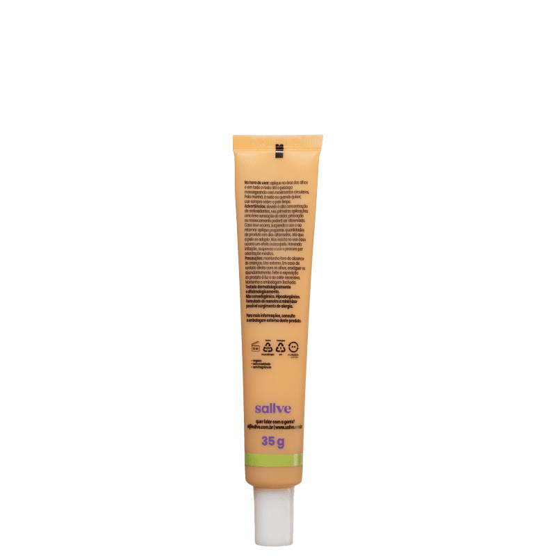 Tubo de creme de 35g da marca Sallve, com embalagem de cor laranja e detalhes em verde, contendo informações sobre o produto em português.