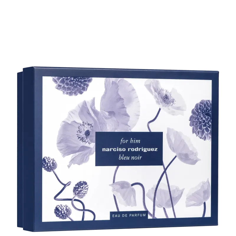 A imagem mostra a caixa de presente com estampa floral azul e branca