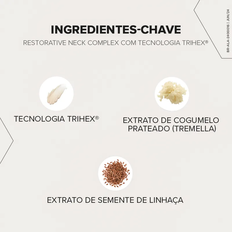 Imagem destaca os principais ingredientes do Creme de colo e pescoço da Alastin: Tecnologia TriHex® (representada por uma imagem de uma folha), Extrato de Cogumelo Prateado (Tremella) (um cogum
