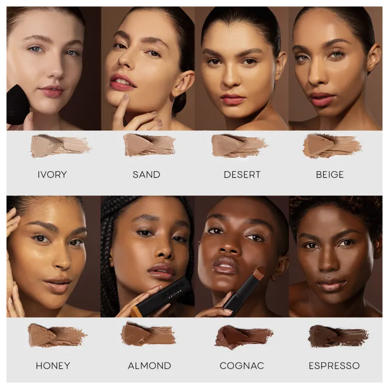 A imagem apresenta os 8 tons da Base Océane Edition Foundation Stick, com os nomes "Ivory", "Sand", "Desert", "Beige", "Honey", "Almond", "Cognac" e "Espresso". É exibida uma amostra da cor e modelos com a pele correspondente à tonalidade.