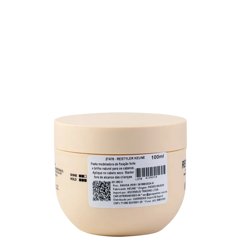 A imagem mostra a lateral da embalagem do produto Restyler da marca Keune. Há um rótulo com informações do produto em português, incluindo o nome "RESTYLER KEUNE", o volume de 100ml, instruções de uso e detalhes do fabricante.