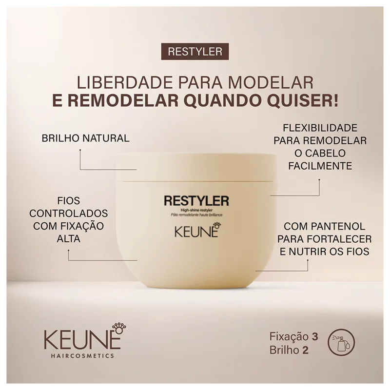 A imagem mostra o produto Restyler da marca Keune e o texto: "Liberdade para modelar e remodelar quando quiser", "Brilho natural", "Fios controlados com fixação alta", "Flexibilidade para remodelar o cabelo" e "Com pantenol para fortalecer e nutrir".