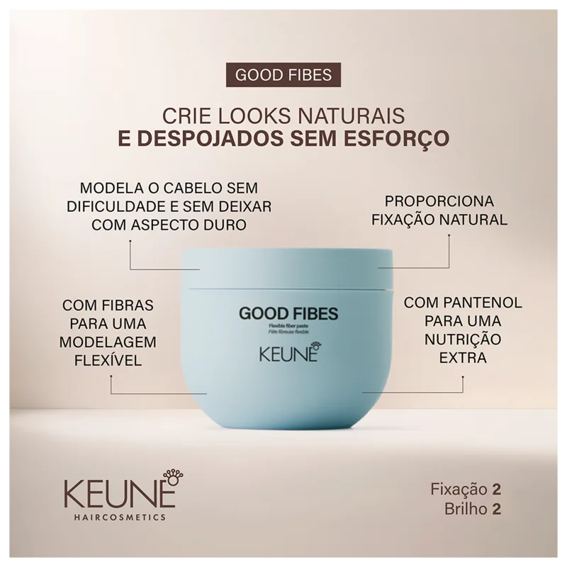 A imagem mostra o produto Good Fines da marca Keune e texto ao redor: com fibra para modelagem flexível, modela o cabelo sem deixá-lo com aspecto duro, proporciona fixação natural, com pantenol para nutrição extra.
