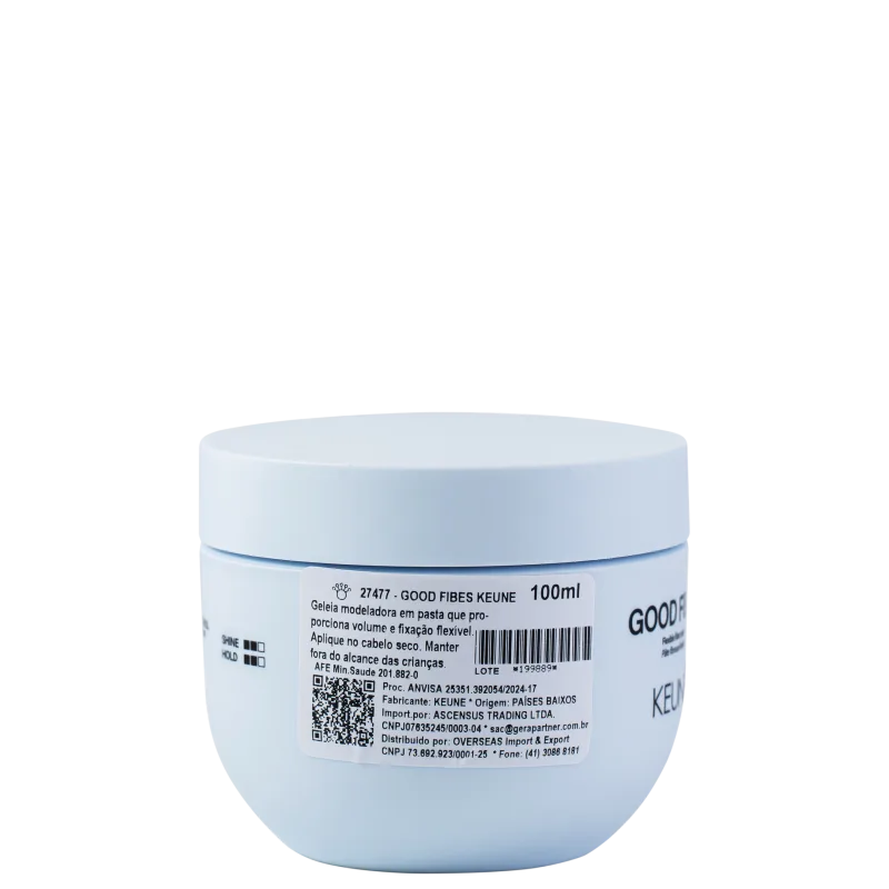 A imagem mostra rótulo com informações do produto em português, incluindo nome "Good Fibers Keune", volume de 100ml, instruções de uso e detalhes do fabricante. Código de barras e número de lote também estão visíveis no rótulo.