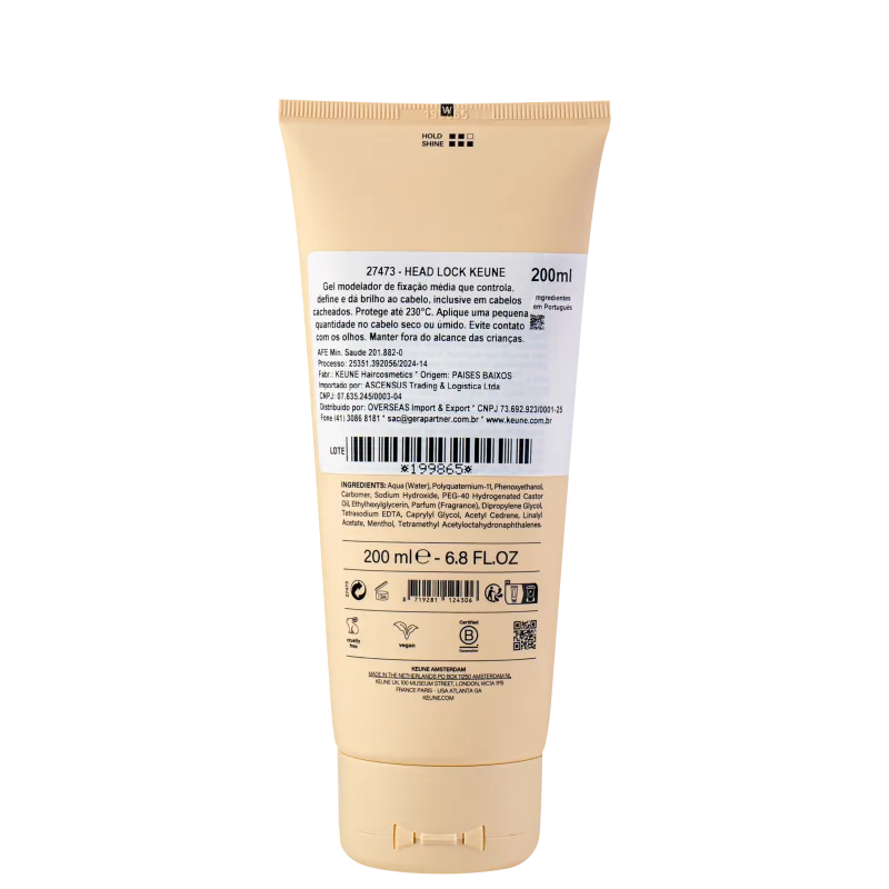 A imagem mostra a parte de trás do produto com 200ml de capacidade. Apresenta o rótulo com informações detalhadas do produto em português, incluindo nome "Head Lock Keune", descrição como gel modelador de fixação média, instruções de uso e ingredientes.