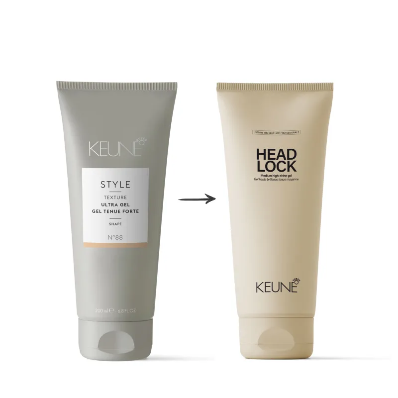 A imagem mostra dois produtos da marca Keune. À esquerda, o  "Style Texture Ultra Gel Gel Tenue Forte". À direita, o "Head Lock Medium high-shine gel". Uma seta entre eles indica semelhança ou substituição dos produtos.