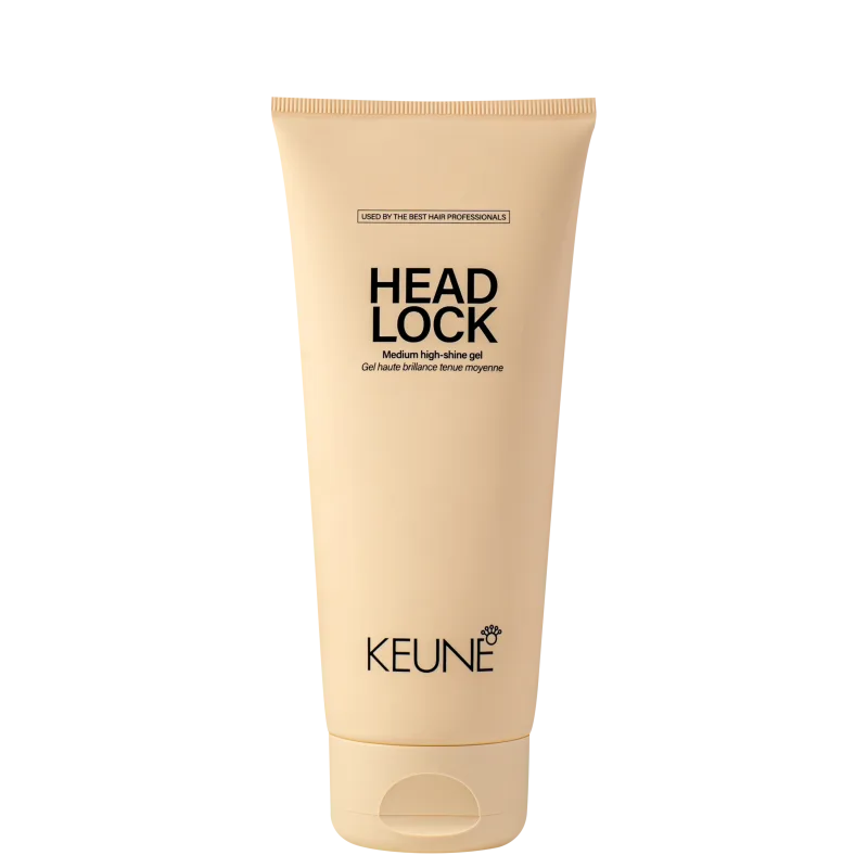 A imagem mostra o Gel Fixador Head Lock da marca Keune, com embalagem de cor bege. Traz o nome "Head Lock" em letras pretas, descrito como "Medium high-shine gel" (Gel de brilho médio). O logotipo da Keune aparece na parte inferior.