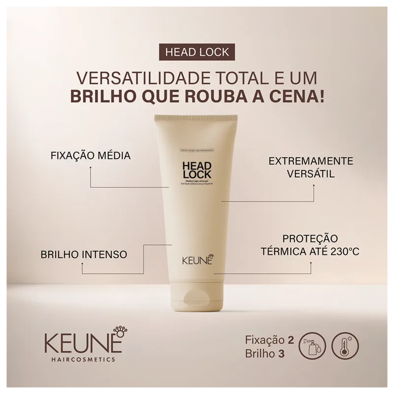 Traz a imagem do Gel Fixador "Head Lock"  e texto sobre o produto: "Versatilidade total e um brilho que rouba a cena", "Fixação média", "Extremamente versátil", "Brilho intenso" e "Proteção térmica até 230°C".