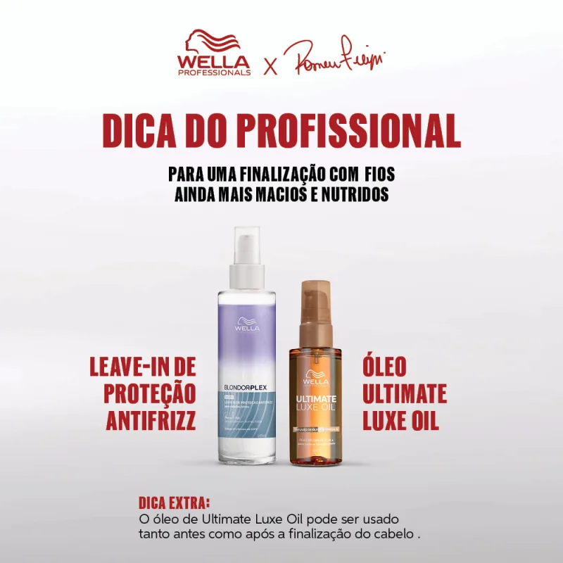 Imagem mostra dois produtos da linha Wella Professionals: um frasco de leave-in de proteção antifrizz Blondorplex e um frasco de óleo Ultimate Luxe Oil.