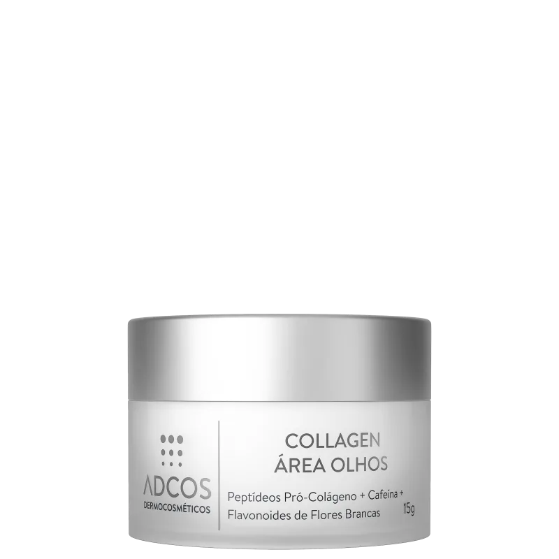 Recipiente branco com rótulo cinza e texto "COLLAGEN ÁREA OLHOS". Contém 15g de produto. Rótulo indica "Peptídeos Pró-Colágeno + Cafeína + Flavonoides de Flores Brancas" como ingredientes.