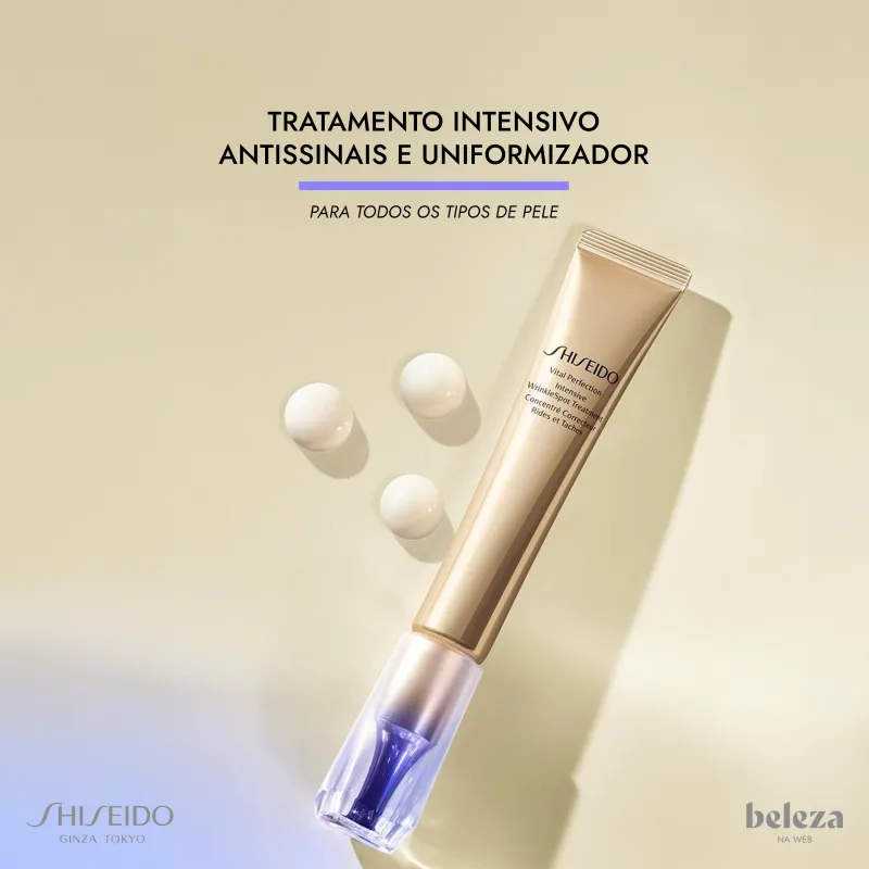 Tratamento intensivo antisssinais e uniformizador da marca Shiseido para todos os tipos de pele, em embalagem com tubo dourado.
