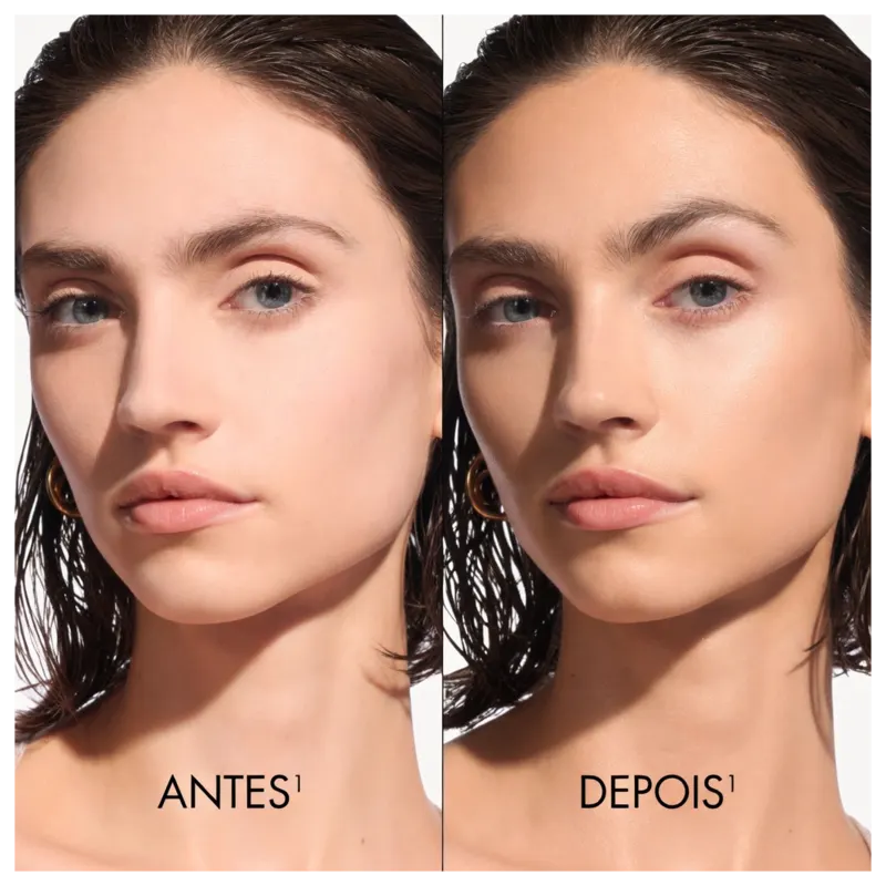 Imagem promocional de produto de beleza da marca Dior, apresentando antes e depois da aplicação do produto.