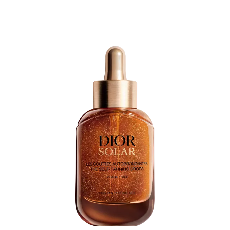 Frasco de vidro dourado com conta-gotas contendo sérum autobronzeador facial da marca Dior Solar, com rótulo em preto e dourado.